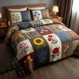 Flowers Patchwork 3 Piece Quilted Bedding Set Gift For Flower Lovers