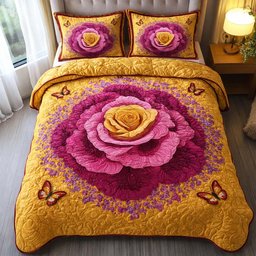 Golden Blossom 3 Piece Quilted Bedding Set Gift For Flower Lovers