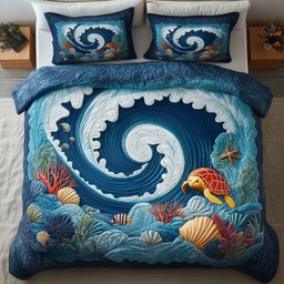 Ocean Swirl Beach 3 Piece Quilted Bedding Set Gift For Beach Lovers
