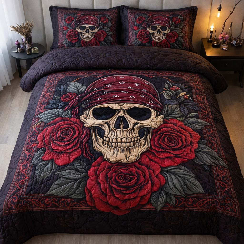 Iron Rose Skull 3 Piece Quilted Bedding Set Gift For Flower Lovers