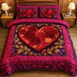 Rose Heart 3 Piece Quilted Bedding Set Gift For Flower Lovers