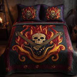 Rock Metal Skull 3 Piece Quilted Bedding Set Gift For Gothic Decor Lovers
