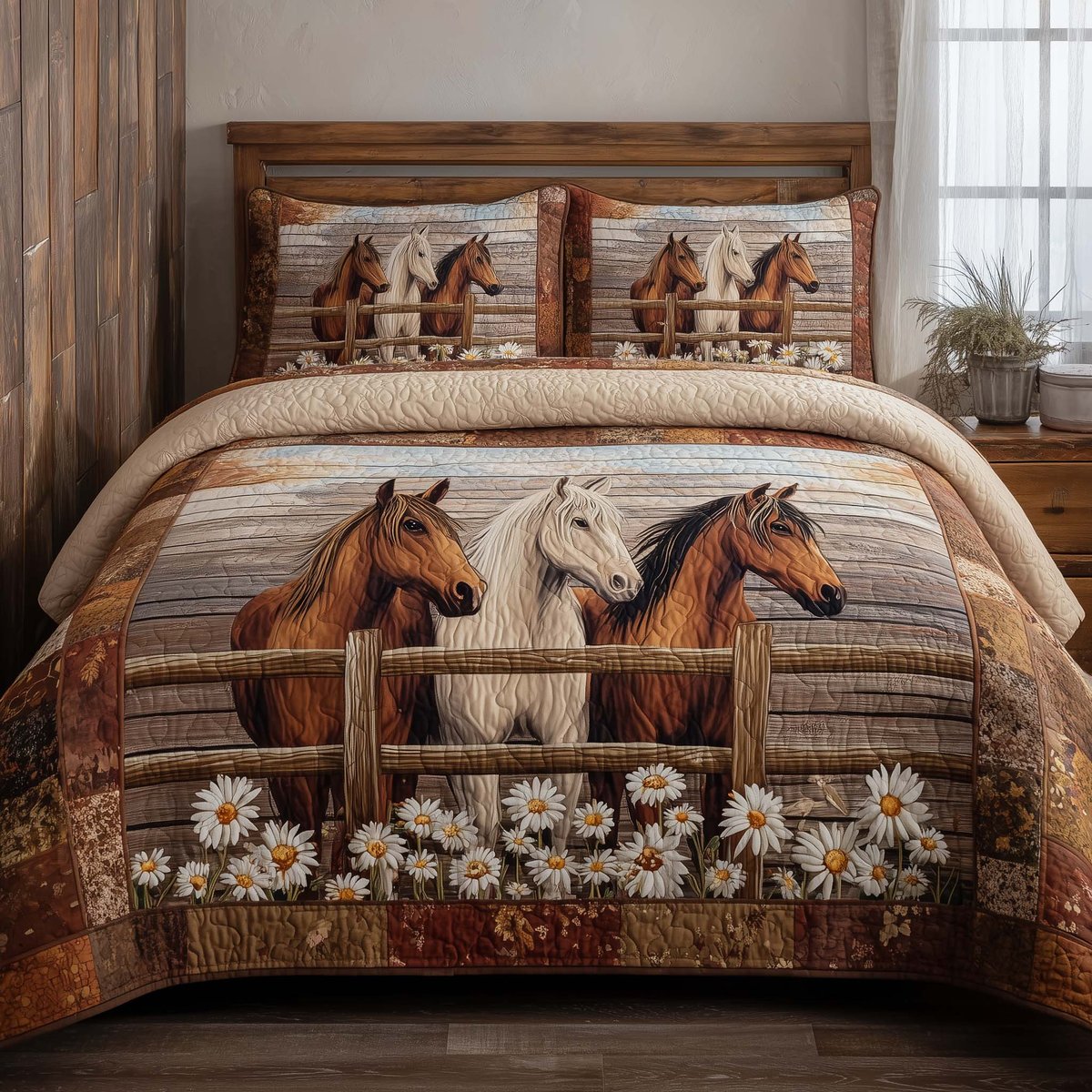Country Fence Horses 3 Piece Quilted Bedding Set Gift For Horse Lovers