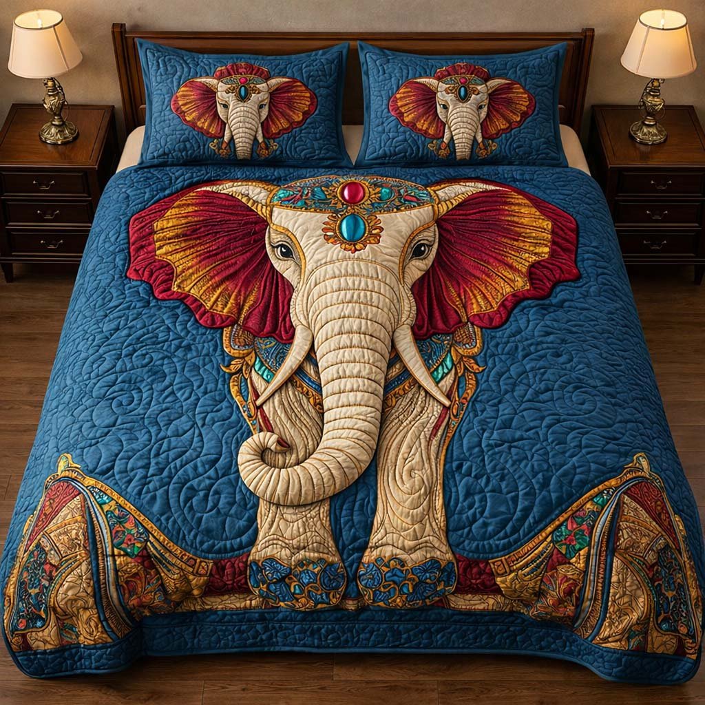 Gentle Jumbo 3 Piece Quilted Bedding Set Gift For Elephant Lovers