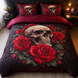 Skull Rose 3 Piece Quilted Bedding Set Gift For Flower Lovers