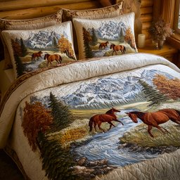 Mountain Serenity Horse 3 Piece Quilted Bedding Set Gift For Nature Lovers