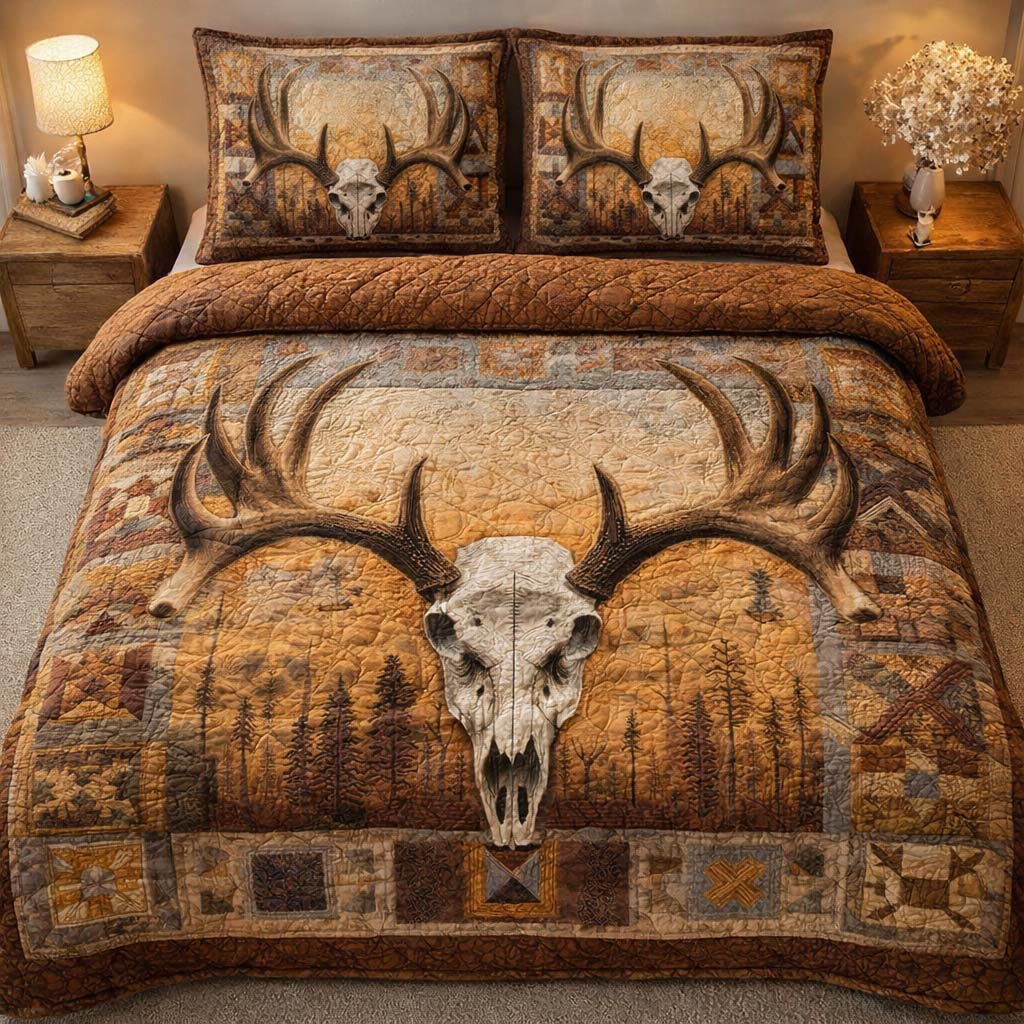 Forest Relic Deer 3 Piece Quilted Bedding Set Gift For Nature Lovers
