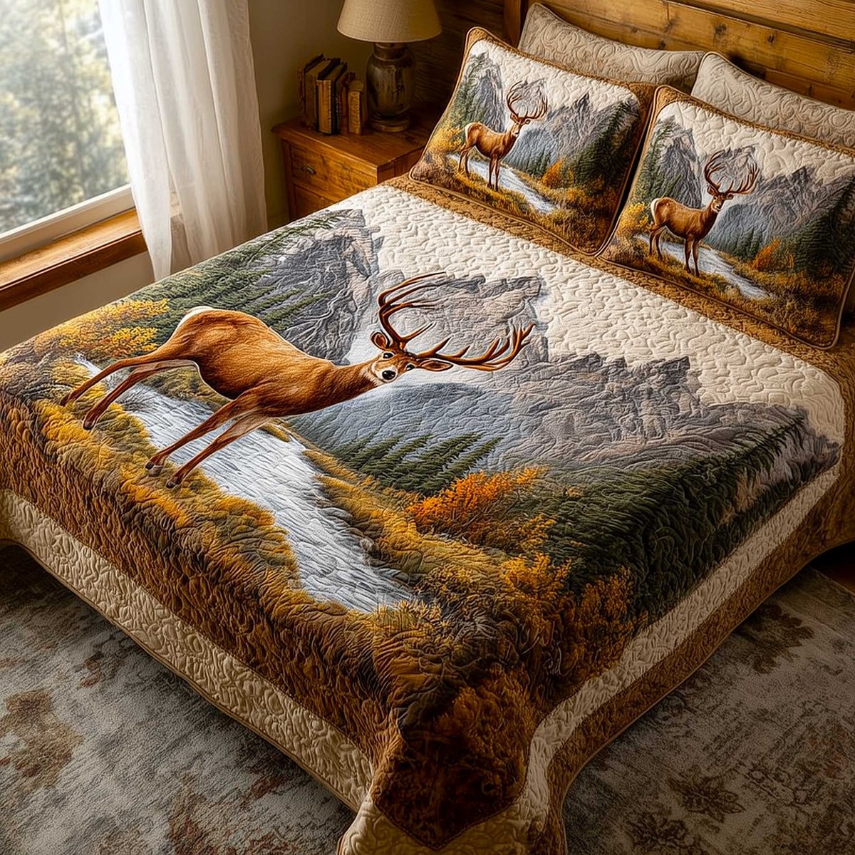 Mountain Serenity Deer 3 Piece Quilted Bedding Set Gift For Nature Lovers