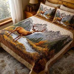 Mountain Serenity Deer 3 Piece Quilted Bedding Set Gift For Nature Lovers