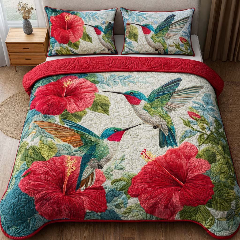 Scarlet Bloom 3 Piece Quilted Bedding Set Gift For Bird Lovers