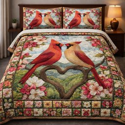 Blushing Cardinal Love 3 Piece Quilted Bedding Set Gift For Bird Lovers
