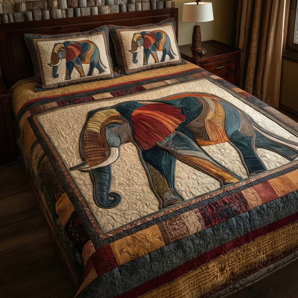 Gentle Jumbo 3 Piece Quilted Bedding Set Gift For Elephant Lovers