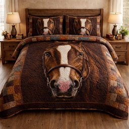 Gentle Brown Horse 3 Piece Quilted Bedding Set Gift For Horse Lovers