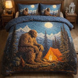 Campfire Mountain Bigfoot 3 Piece Quilted Bedding Set Gift For Nature Lovers