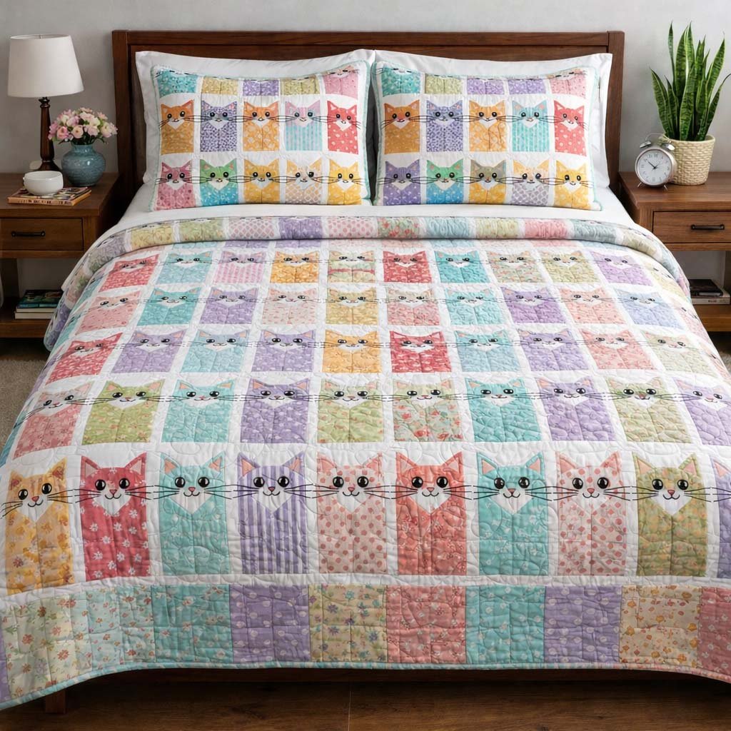 Cat Serenity 3 Piece Quilted Bedding Set Gift For Cat Lovers