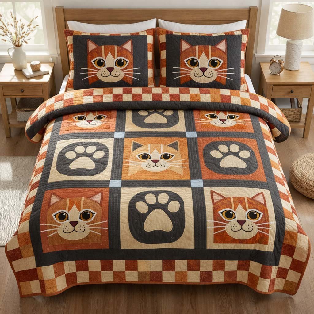Cat Serenity 3 Piece Quilted Bedding Set Gift For Cat Lovers