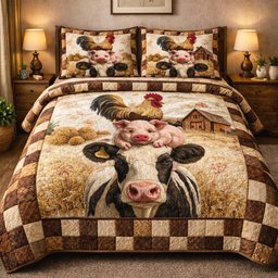 Rustic Barn Companions Cow 3 Piece Quilted Bedding Set Gift For Farmhouse Decor Lovers