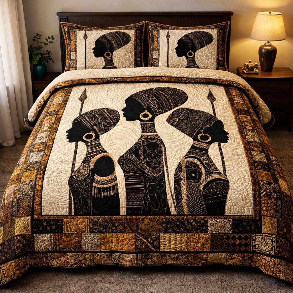 Golden Ancestral Spirits 3 Piece Quilted Bedding Set Gift For African American Heritage Lovers