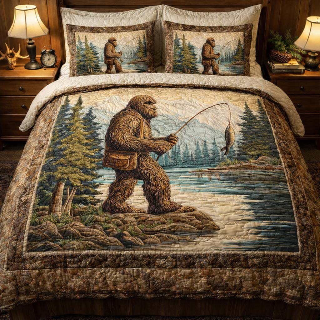 Bigfoot River Catch 3 Piece Quilted Bedding Set Gift For Nature Lovers
