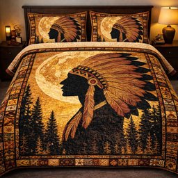 Moonlit Tribal Chief Horse 3 Piece Quilted Bedding Set Gift For Horse Lovers