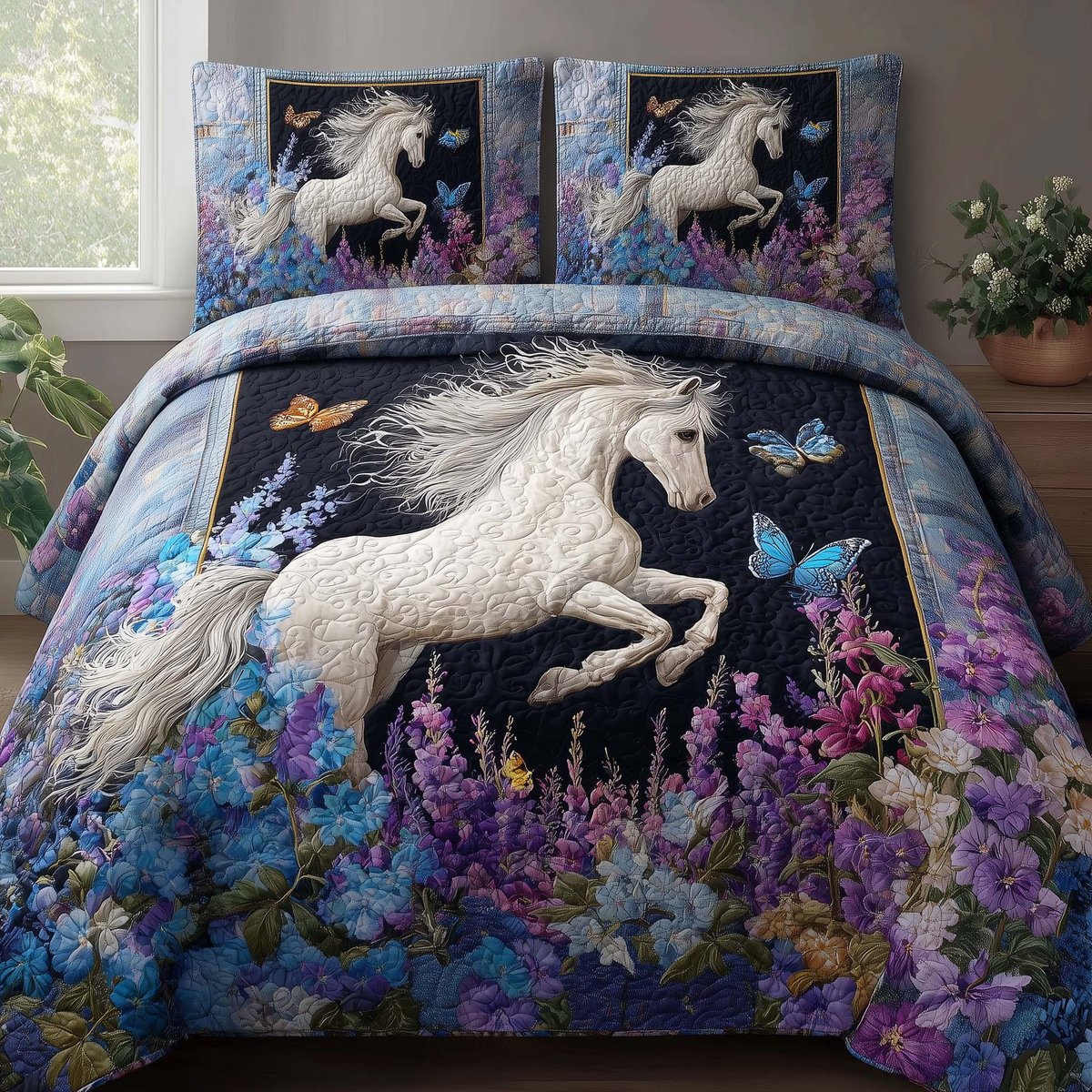 Midnight Bloom Horse 3 Piece Quilted Bedding Set Gift For Horse Lovers