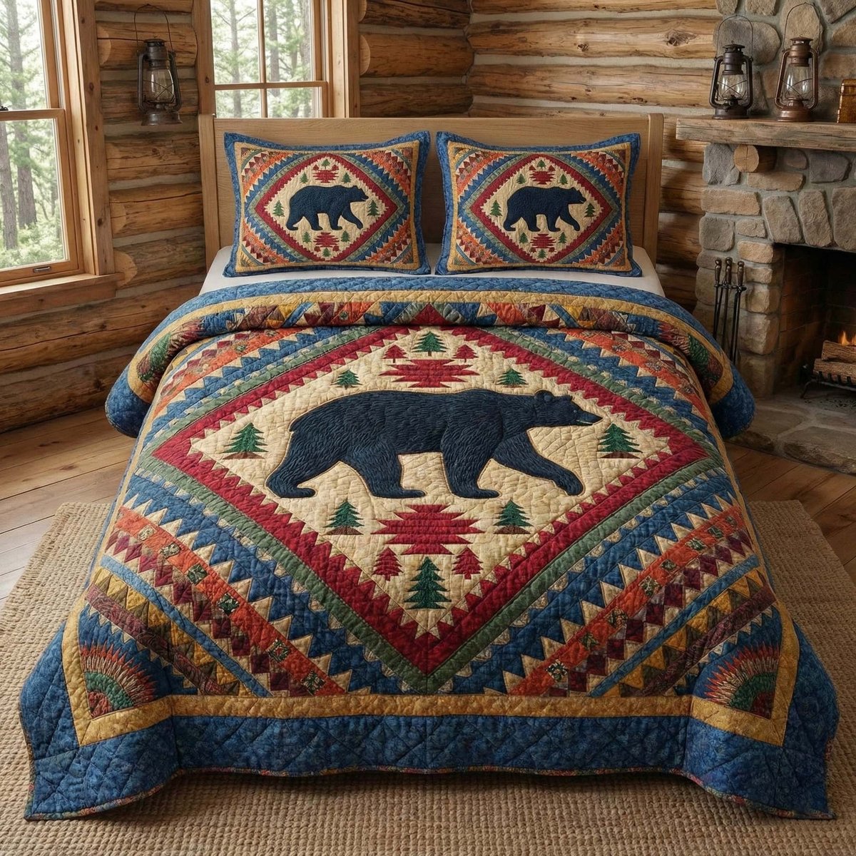 Forest Diamond Bear 3 Piece Quilted Bedding Set Gift For Nature Lovers