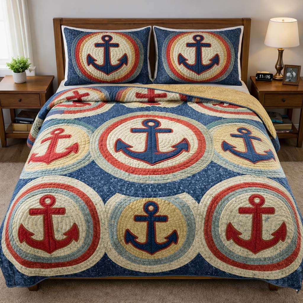 Ocean Anchor Nautical 3 Piece Quilted Bedding Set Gift For Beach Lovers