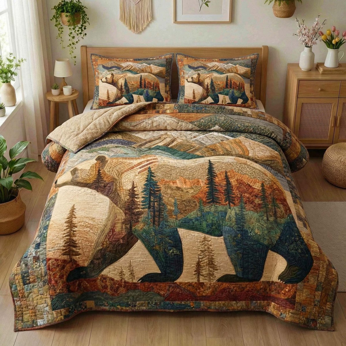 Scenic Bear 3 Piece Quilted Bedding Set Gift For Bear Lovers