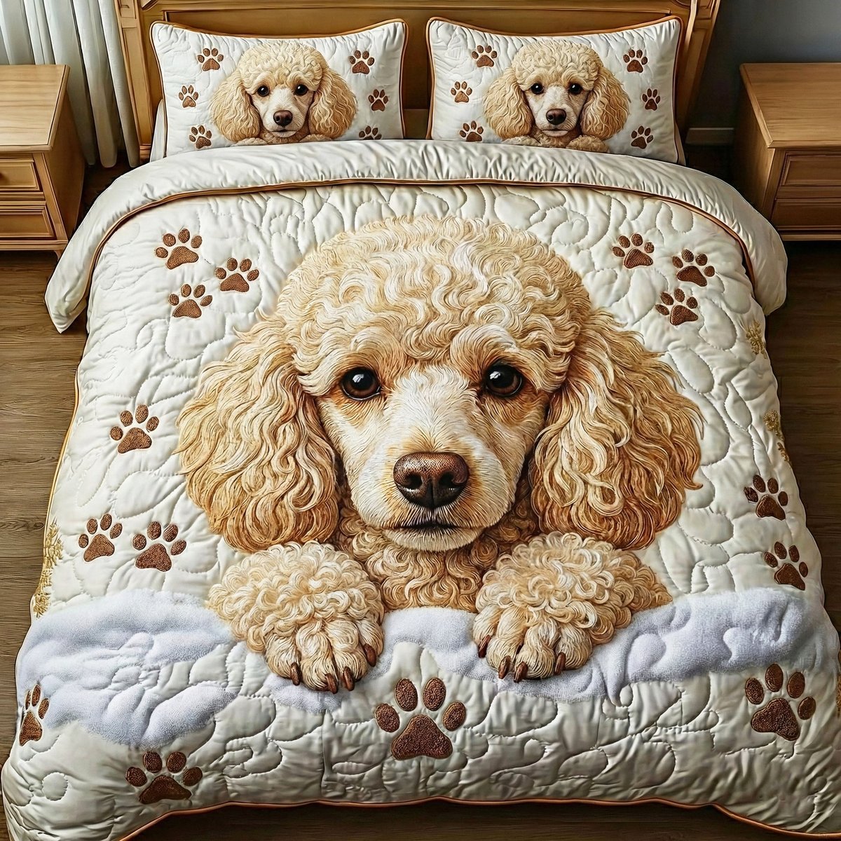 Adorable Poodle Dog 3 Piece Quilted Bedding Set Gift For Dog Lovers