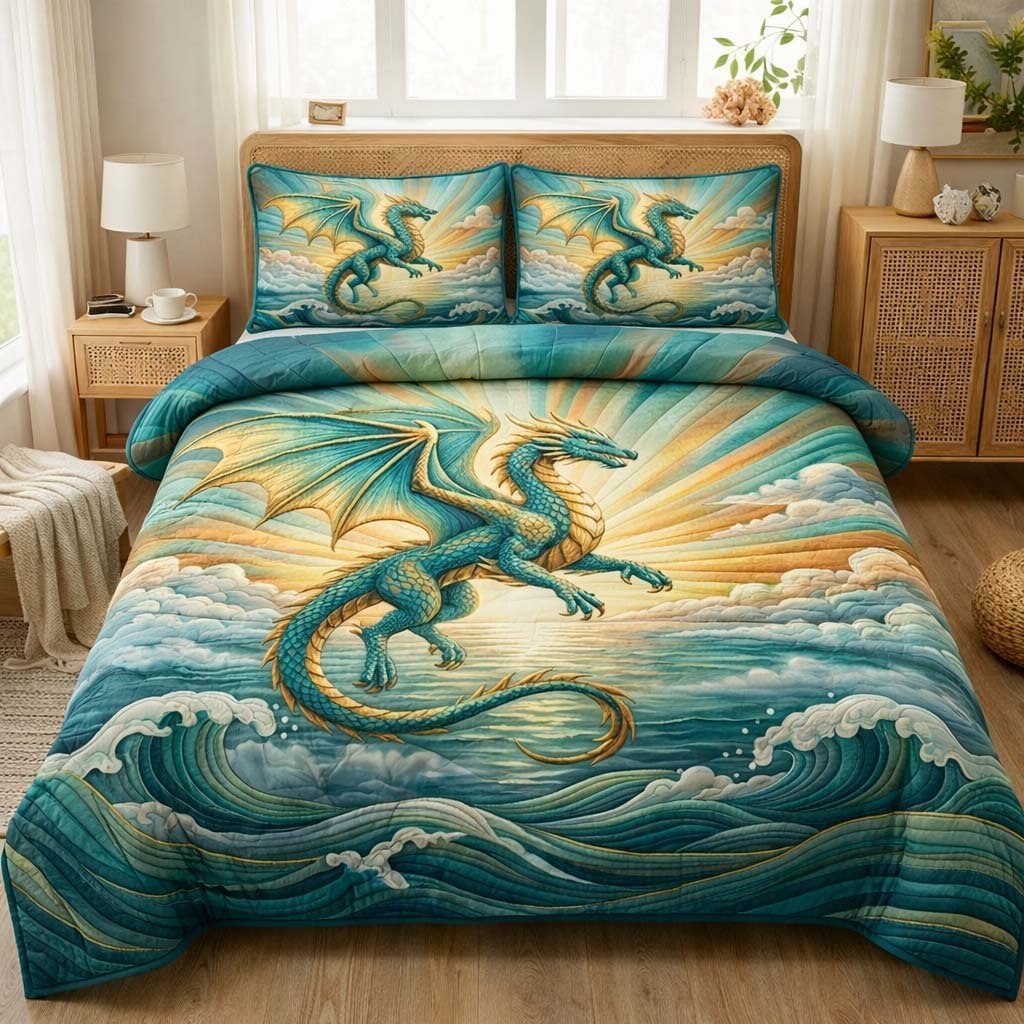 Majestic Dragon 3 Piece Quilted Bedding Set Gift For Fantasy Lovers