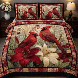 Scarlet Cardinal Duo 3 Piece Quilted Bedding Set Gift For Bird Lovers
