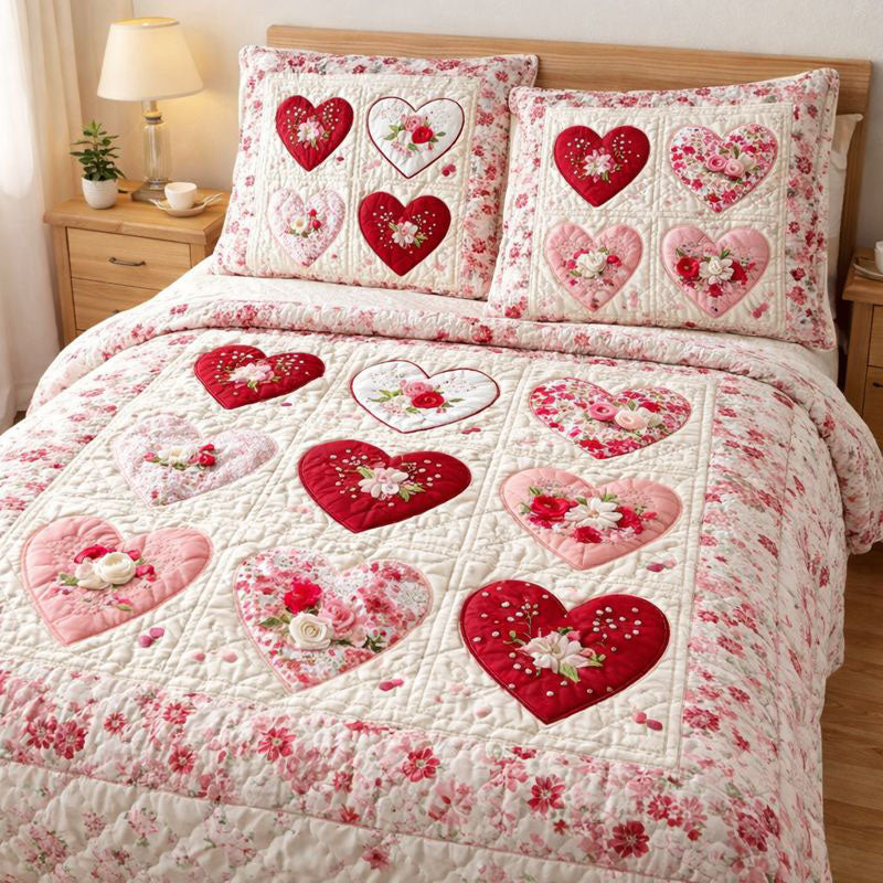 Elegant Heart 3 Piece Quilted Bedding Set Gift For Flower Lovers