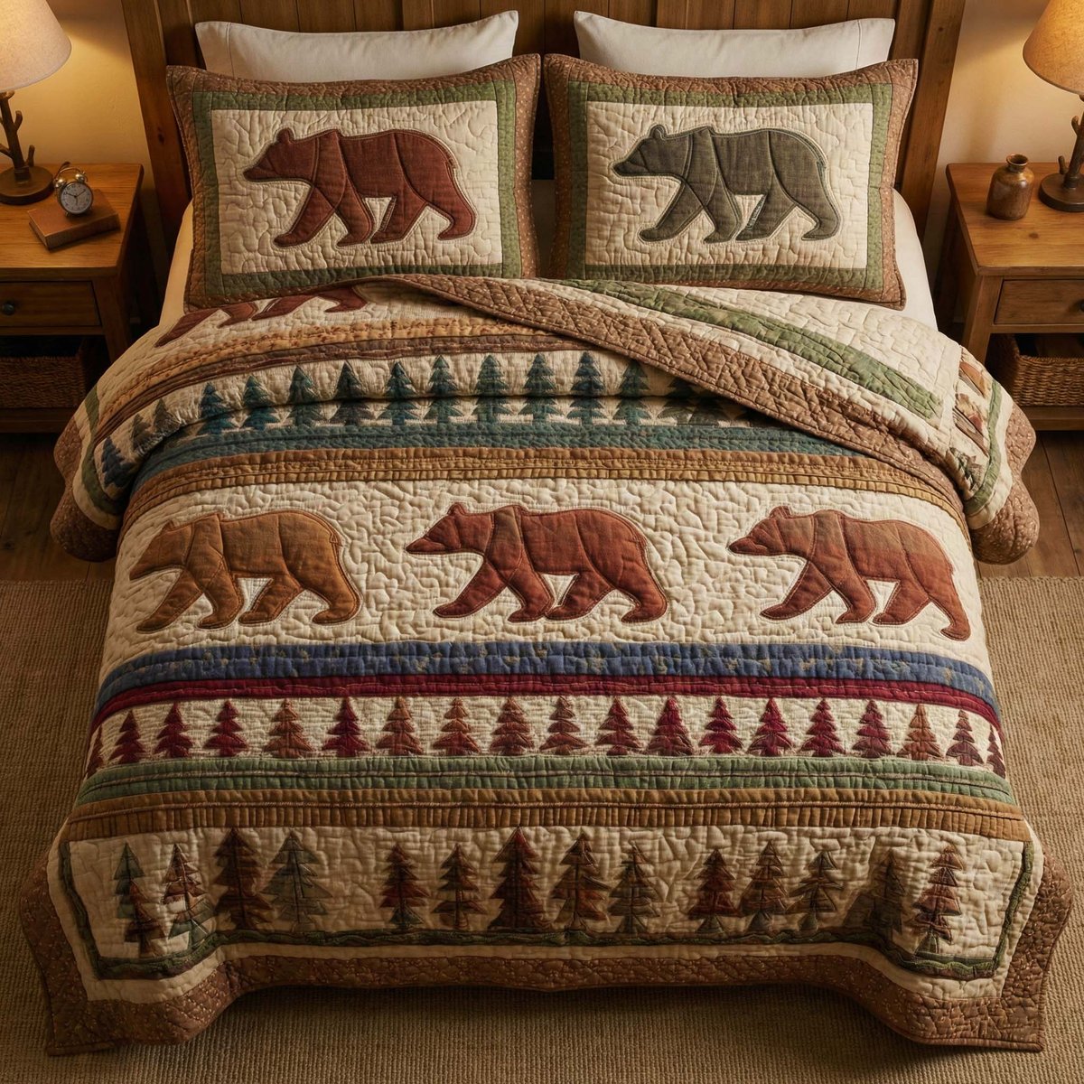 Woodland Stripes Bear 3 Piece Quilted Bedding Set Gift For Nature Lovers