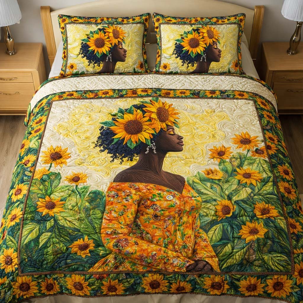 Sunflower Woman 3 Piece Quilted Bedding Set Gift For Flower Lovers