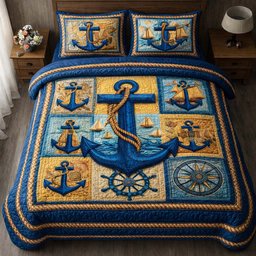 Nautical Patchwork 3 Piece Quilted Bedding Set Gift For Beach Lovers