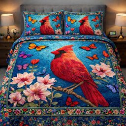Azure Cardinal Garden 3 Piece Quilted Bedding Set Gift For Bird Lovers