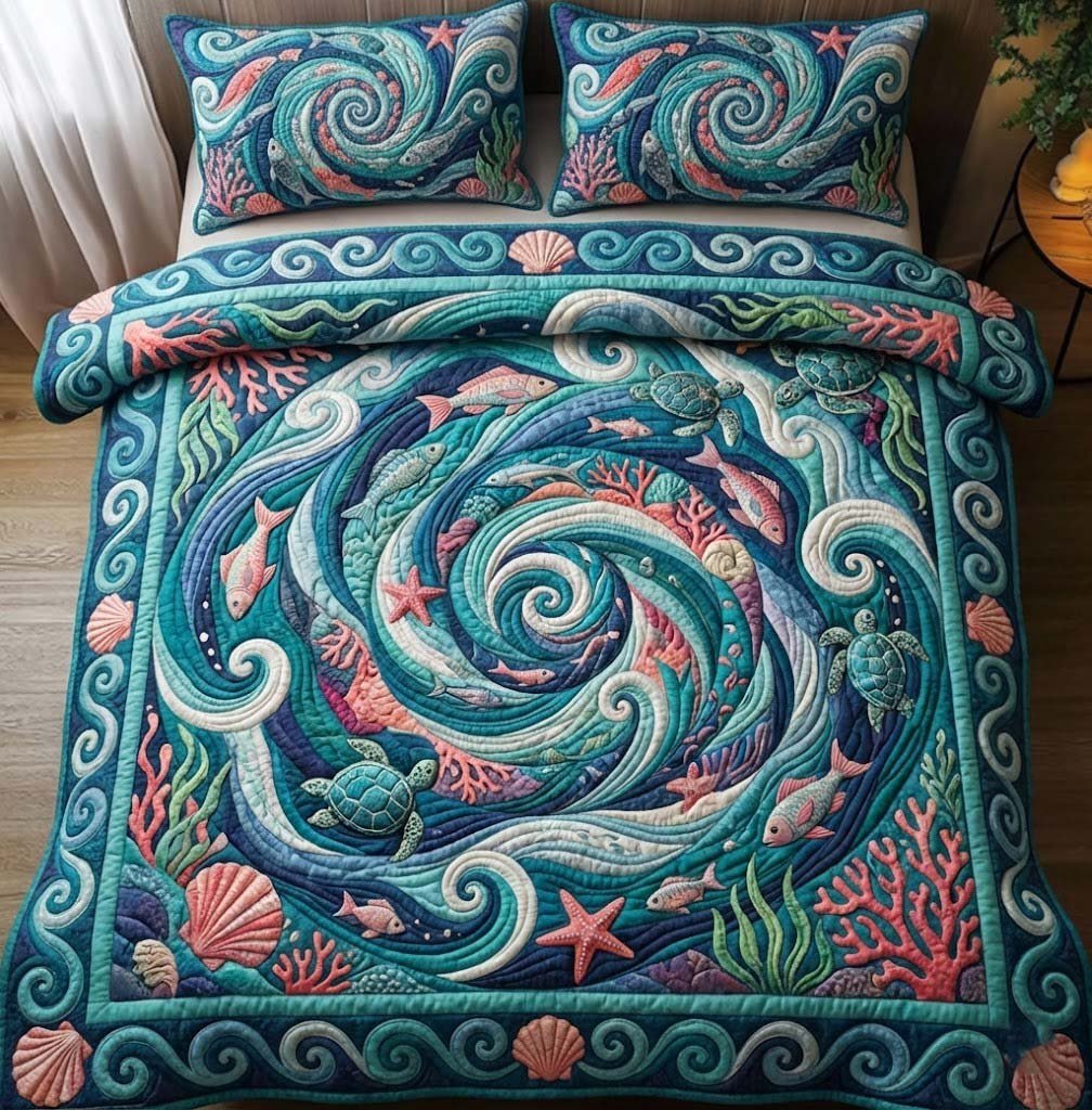 Ocean Swirl Beach 3 Piece Quilted Bedding Set Gift For Beach Lovers