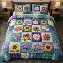 Flowers Patchwork 3 Piece Quilted Bedding Set Gift For Flower Lovers