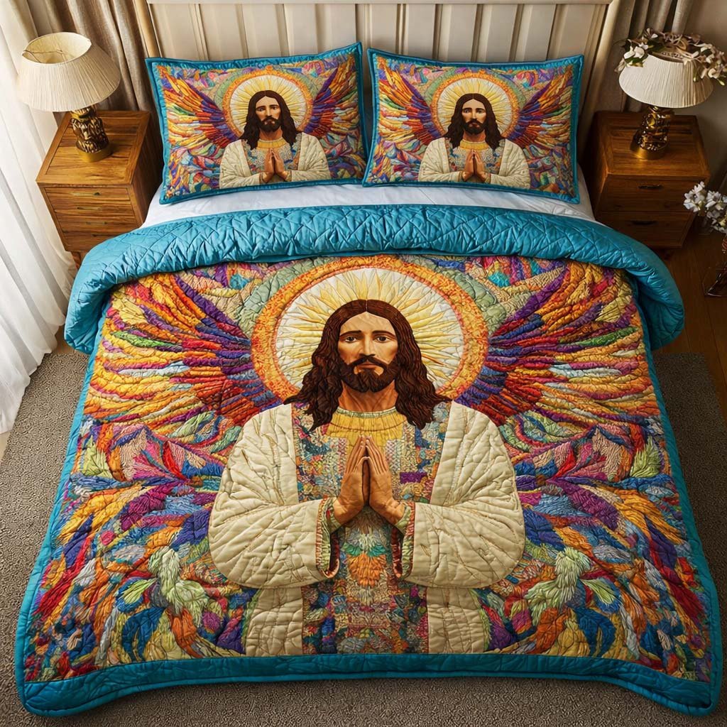 Angelic Prayer Christian 3 Piece Quilted Bedding Set Gift For Christians