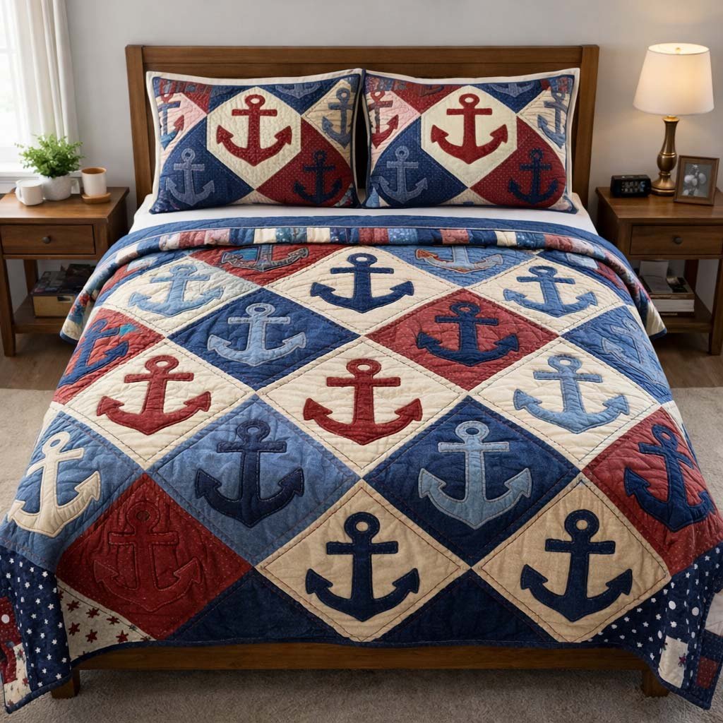 Coastal Anchor Nautical 3 Piece Quilted Bedding Set Gift For Beach Lovers