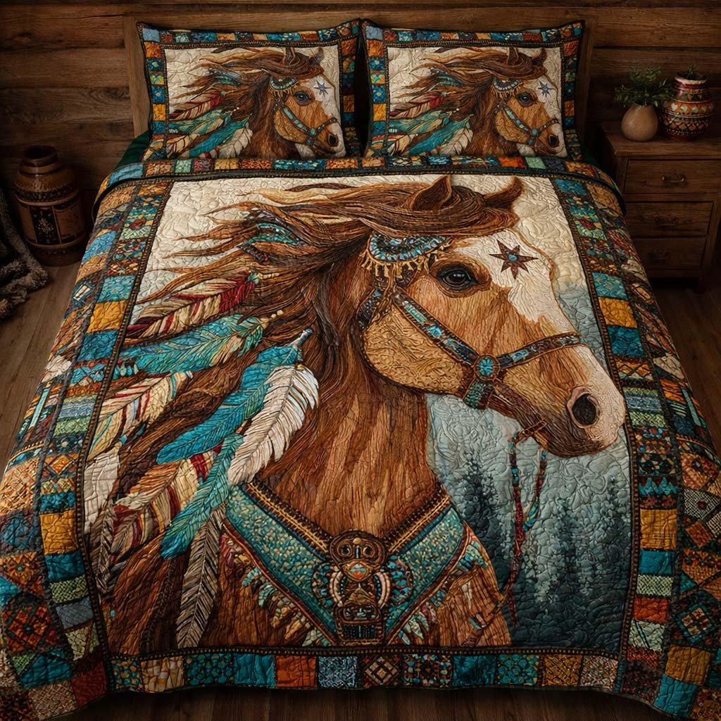 Tribal Feather Horse 3 Piece Quilted Bedding Set Gift For Horse Lovers