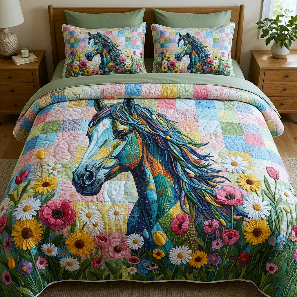 Weathered Gallop Horse 3 Piece Quilted Bedding Set Gift For Horse Lovers