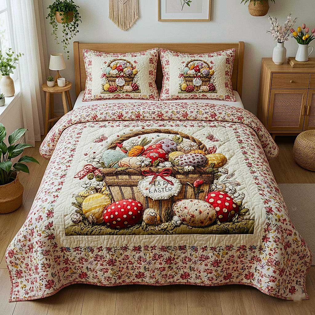 Egg Hunt 3 Piece Quilted Bedding Set Gift For Home Decor Lovers