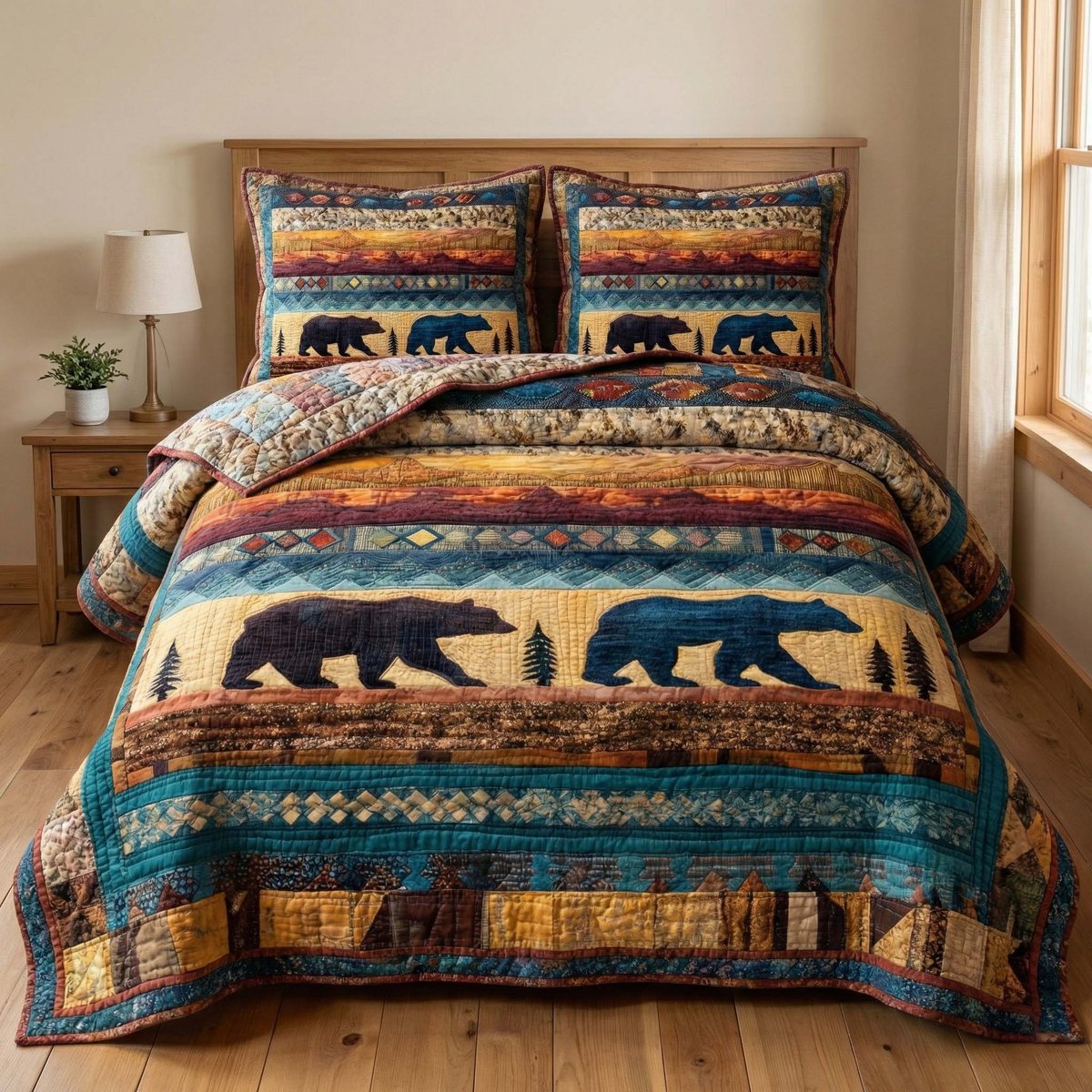Sunset Bears 3 Piece Quilted Bedding Set Gift For Bear Lovers