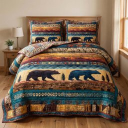 Sunset Bears 3 Piece Quilted Bedding Set Gift For Bear Lovers