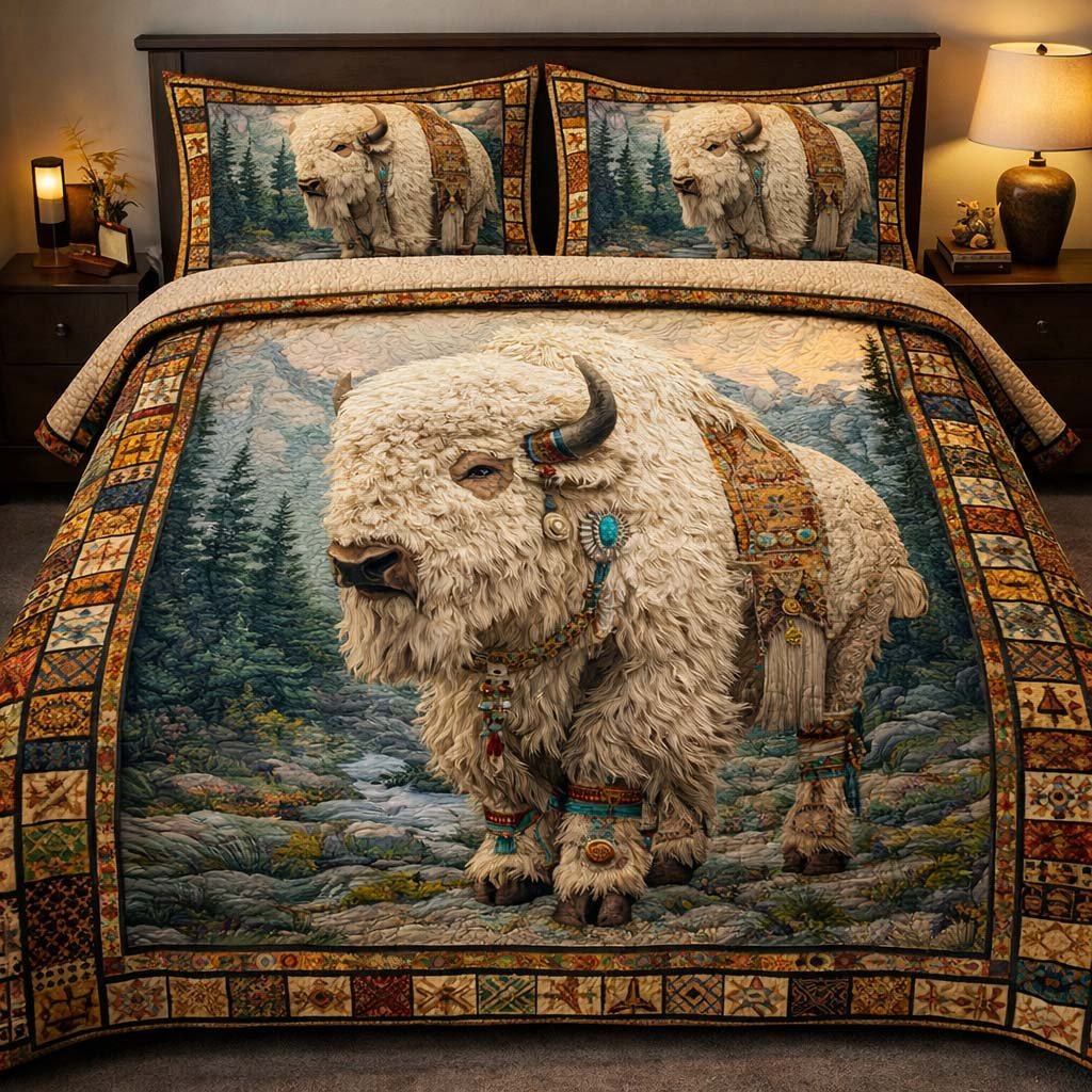 White Bison Legend Horse 3 Piece Quilted Bedding Set Gift For Horse Lovers