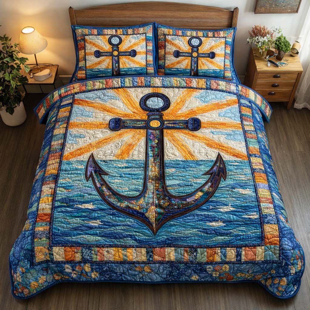 Radiant Anchor Beach 3 Piece Quilted Bedding Set Gift For Beach Lovers
