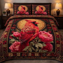 Golden Cardinal Majesty 3 Piece Quilted Bedding Set Gift For Bird Lovers