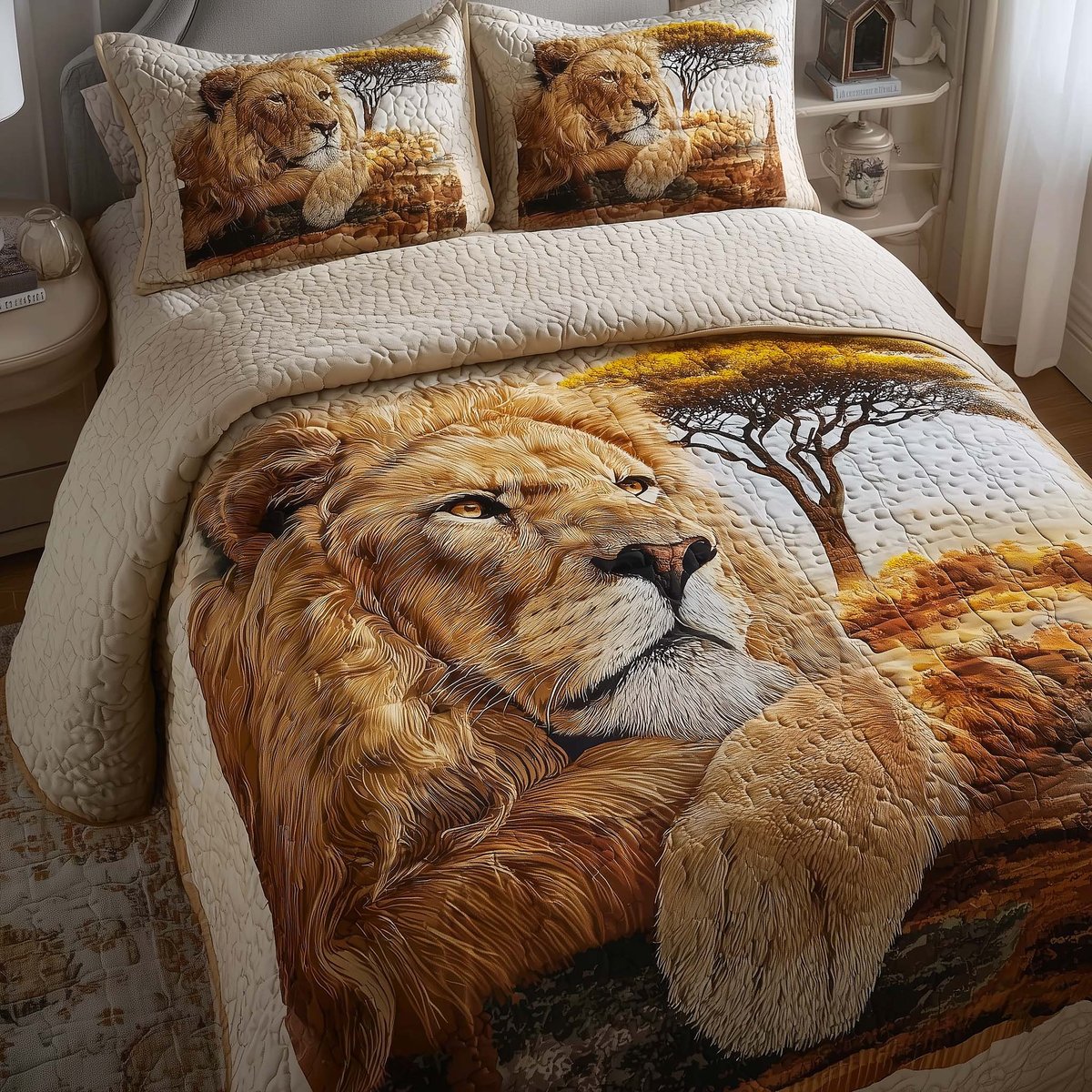 Safari Lion 3 Piece Quilted Bedding Set Gift For Lion Lovers