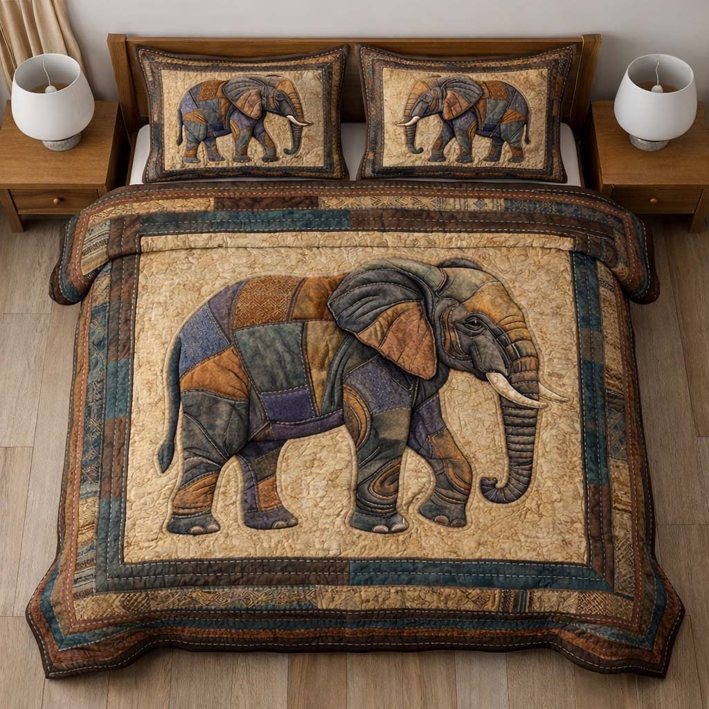 Gentle Jumbo 3 Piece Quilted Bedding Set Gift For Elephant Lovers